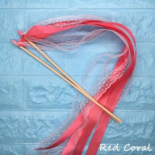 Red Coral and Lace 50 шт. свадебные ленты палочки скручивающаяся лента для танцев реквизит лента на палочке с кружевом DIY Свадьба День Рождения Вечеринка подарки - Цвет: Red Coral and Lace