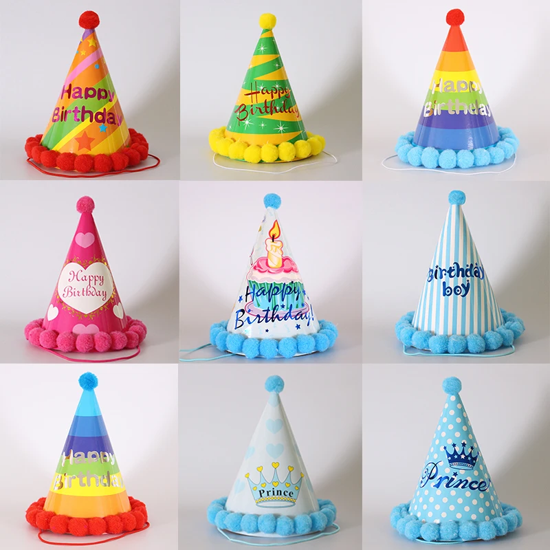 

Happy First Birthday Party Caps For KIds Adult Rainbow Hat Child Crown Decoration Pompon Paper Cap Cartoon Pattern Festival Hat