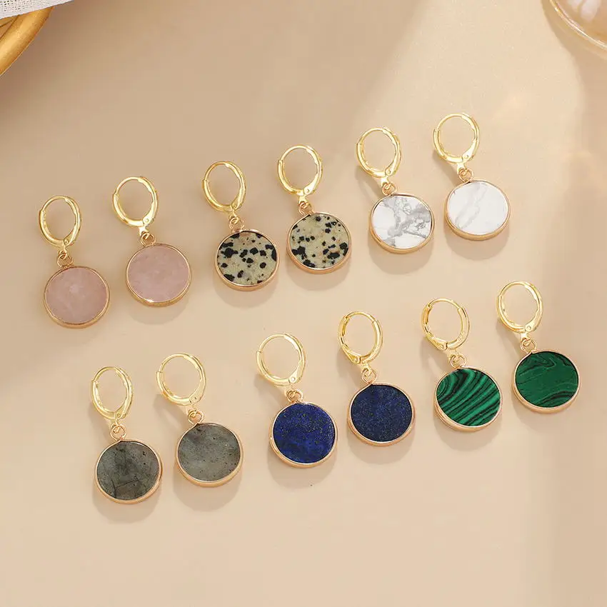 

Mini Gold Filled Round Natural Stone Disc Drop Huggie Hoop Earrings for Women Fashion Boutique Quality Ladies Earrings Jewelry