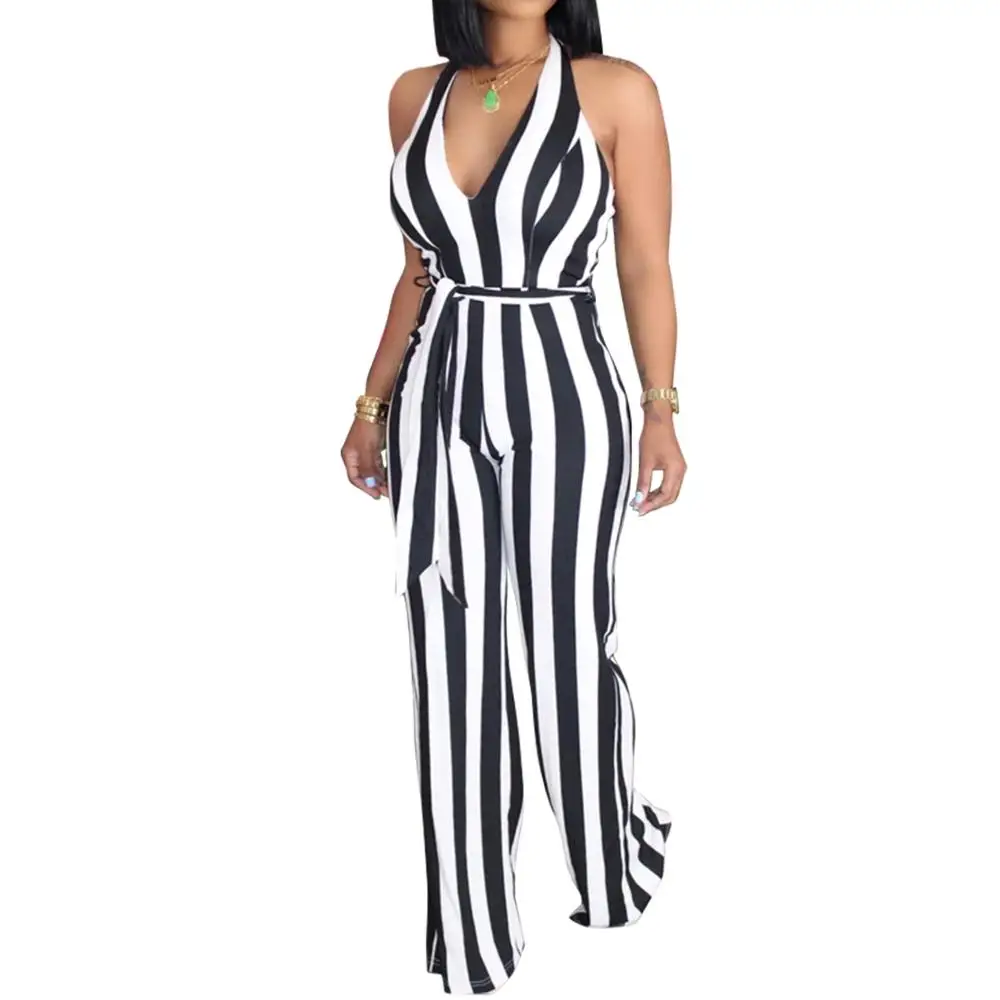 

Women Deep V Neck Stripe Sexy Jumpsuit Rompers Bodycon Sleeveless Outfits Halter Jumpsuits Casual