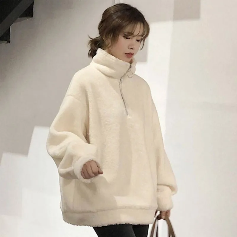 

Women Zipper Sweater High Collar Winter Autumn Solid Color Long Sleeve Casual Thicken Loose Coat