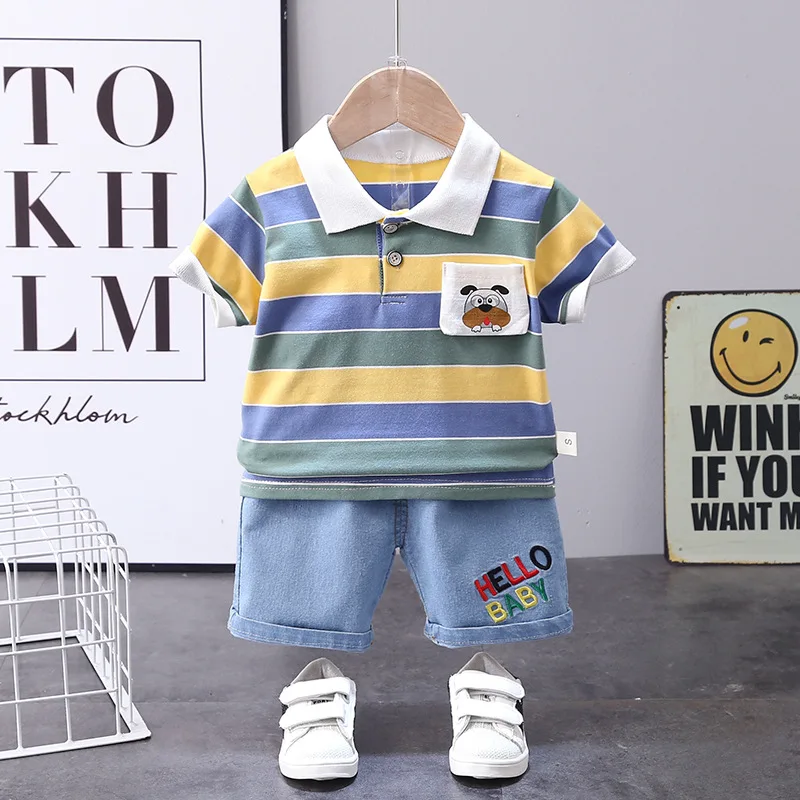 

Cotton Summer Baby Children Shorts Denim Pants Suit T-shirt Toddler Boy Girl Kids Striped Cartoon Cute Clothes 2Pcs/Set Outfits