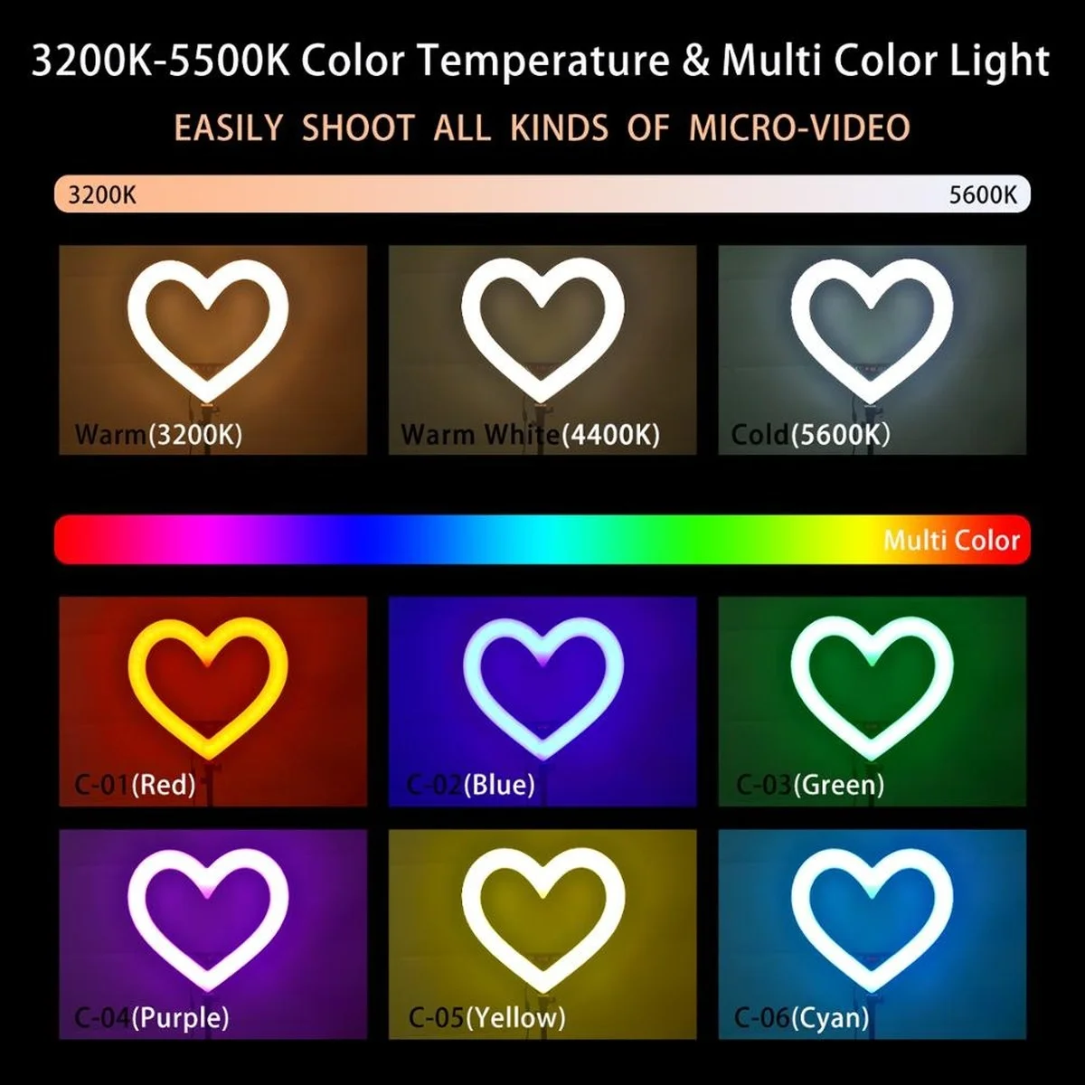 

Led RGB Ring Light Hearted-shape Photographic Lighting 3200K-5600K Ring Lamp with Tripod for Video Phone Youtube Makeup