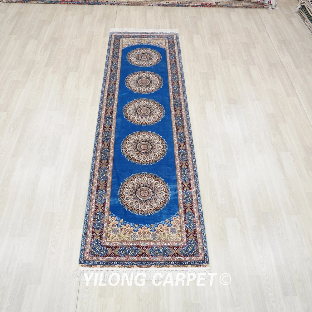 3 'x 10' персидский шелк галерея бегунок синий изысканный ручной узлом