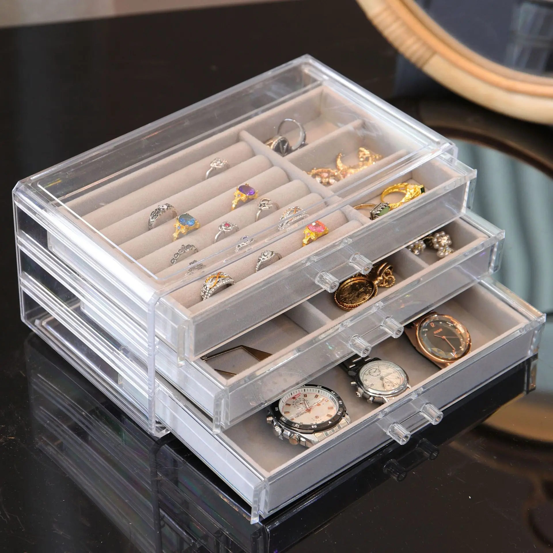 

Organizador Jewelry Box 3 Layer Transparent Jewelry packaging display Cross-border Acrylic Velvet Jewelry Box