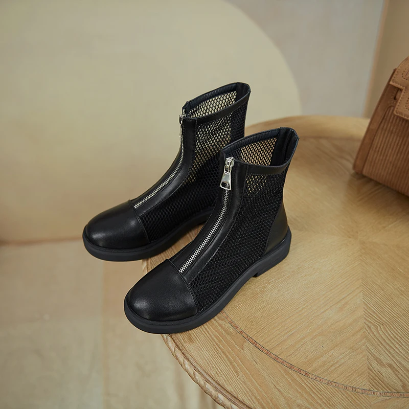 

Women Summer Boots plus size natural leather 22-26.5cm Cow split leather+mesh Breathable Front zipper net boots shoes for women