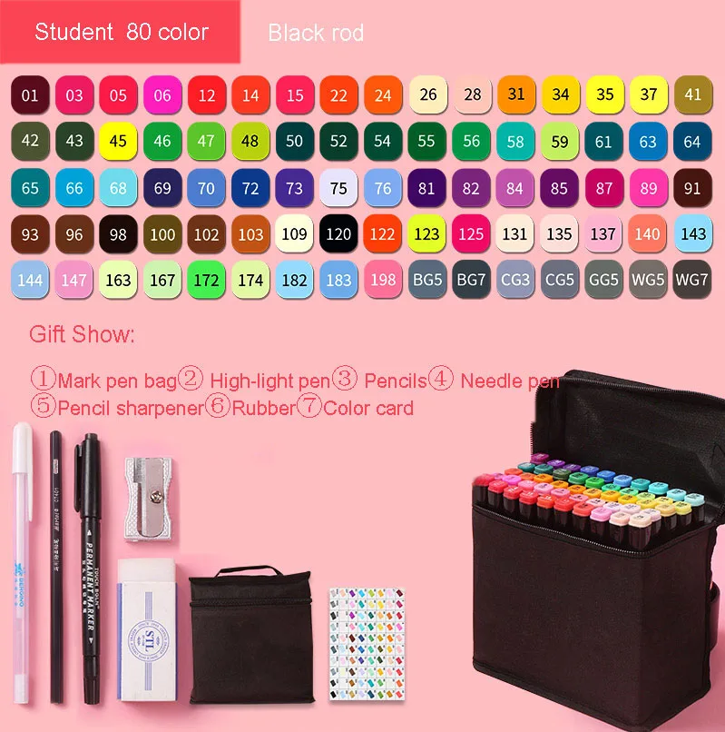 Markers brush Pen Set authentic student double-headed beginner 30/40/60/80 colors oil alcohol painting marker art supplies - Цвет: Student 80 White rod