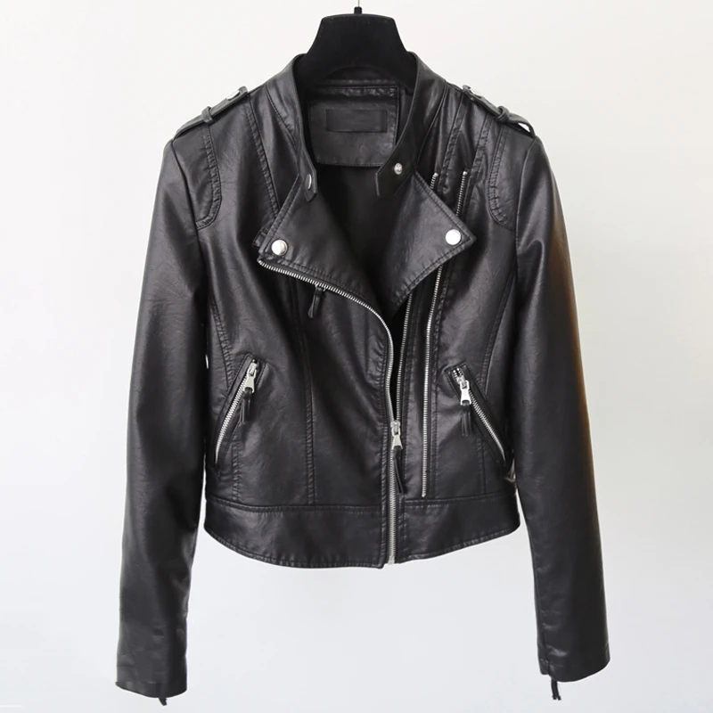 

Cheap Women Soft Short Leather Jackets New Arrivals Autumn Spring Women PU Blazer Zippers Coat Motorcycle Candy Color C845
