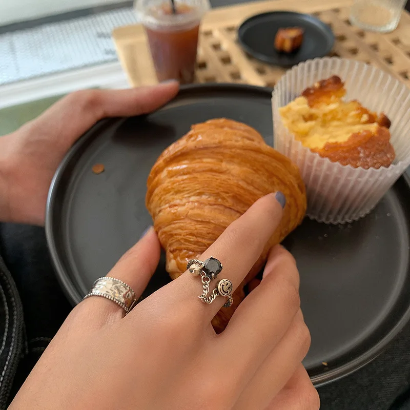 

PANJBJ 925 Sterling Silver Smiley Ring Female Fashion Personality Ins Tide Simple Adjustable Ring Net Red Index Finger Ring