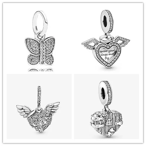 

925 Sterling Silver Charm Heart & Angel Wings Charm Beads Fit Women pan Bracelet & Necklace DIY Jewelry