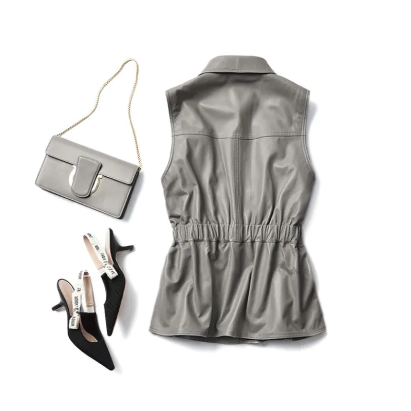 Жилет женский из овечьей кожи с карманами на резинке однобортный | Женская одежда