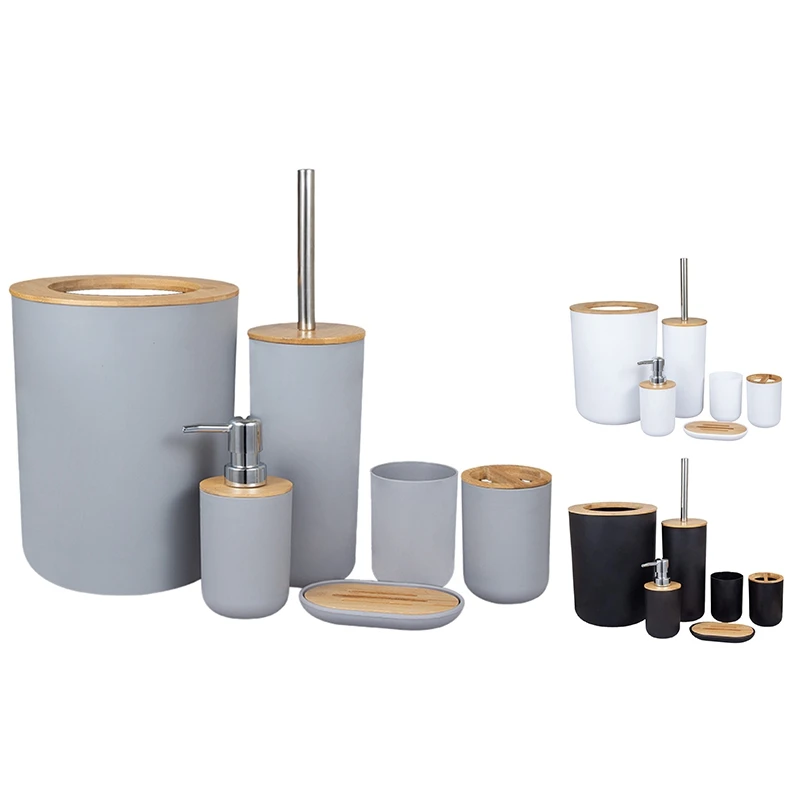 

Набор аксессуаров для ванной из 6 предметов из бамбука, набор экологически чистых аксессуаров для туалета с дозатором для лосьона и т. д.