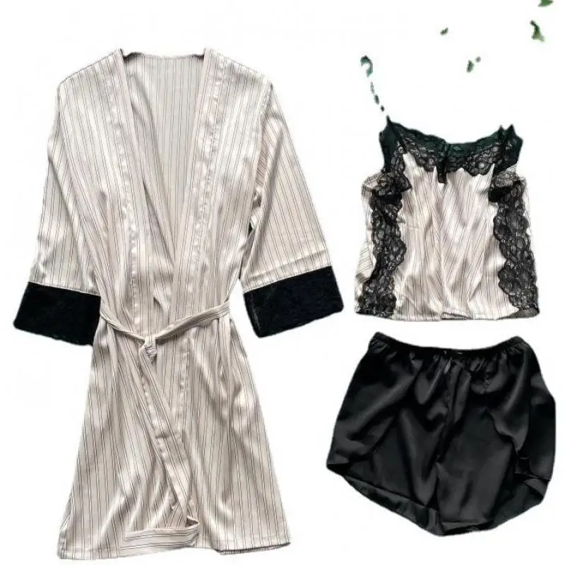 

LACE Sexy 3PCS Pajamas Suit Women Nightwear Intimate Lingerie Casual Satin Homewear Sleepwear 2021 Summer New Pyjamas
