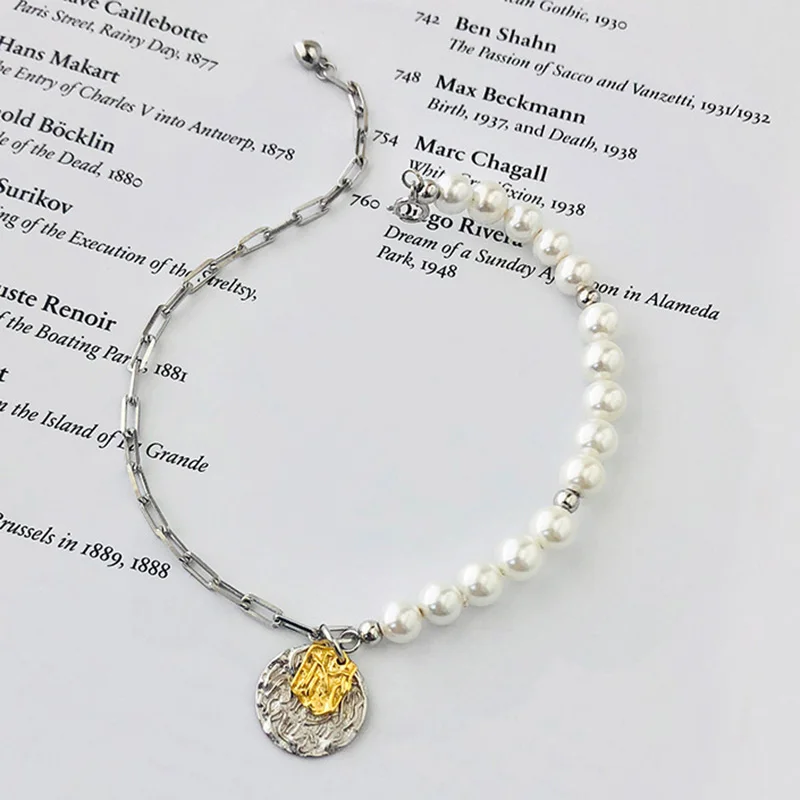 

ElfoPlataSi Real 925 Sterling Silver Synthesis Pearl Coin Pendant Chain Charm Bracelet for Women Valentine's Day Jewelry DD204