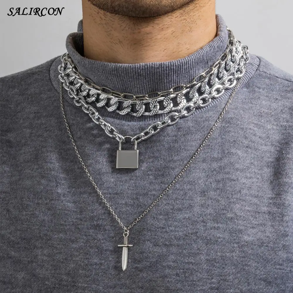 Купи Salircon Punk Sword Dagger Padlock Pendant Necklace for Men Women Vintage Silver Color Chunky Chain Choker Necklace Jewelry Gift за 220 рублей в магазине AliExpress