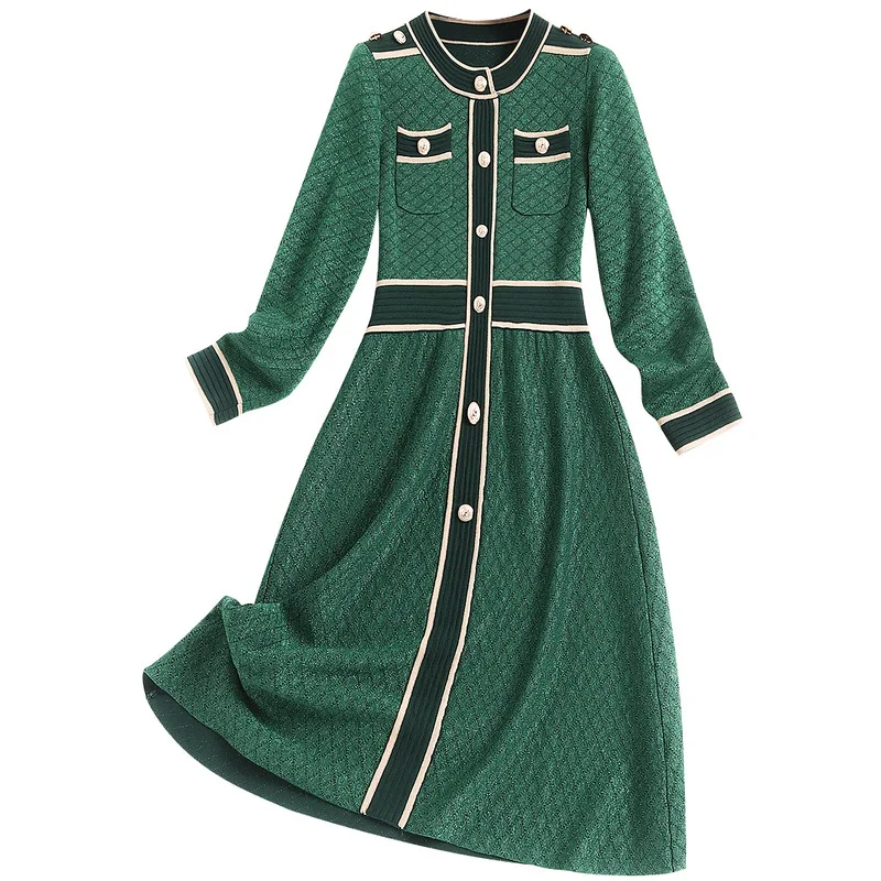 

AELESEEN Runway Fashion Knitted Dress Autumn Winter Designer New Green Blue Dress Button Knitting Long Party Holiday Dress