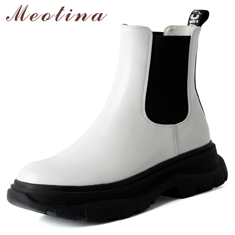 

Meotina Women Genuine Leather Chelsea Boots Platform Flat Ankle Boots Round Toe Fashion Ladies Boots Autumn Winter Black Beige