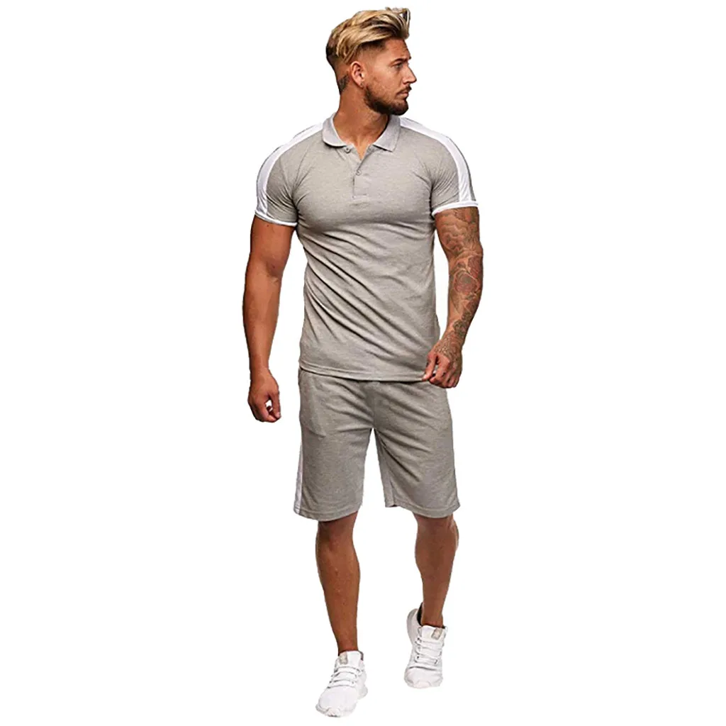 Gray KLV мужские комплекты, мужской комплект из 2 предметов, спортивный комплект с коротким рукавом, летний Повседневный короткий тонкий костюм, высокое качество, хит 9516 - Цвет: Gray