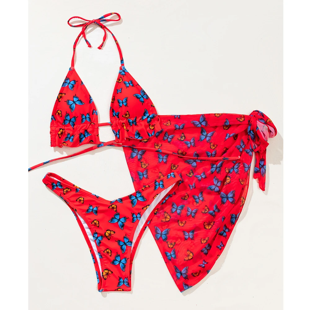 

Butterfly Print Bikini Women 2021 Sexy Three Pieces Bikini Set Female Swimsuit With Sarong Swimwear Bathing Suit Beachwear Swim