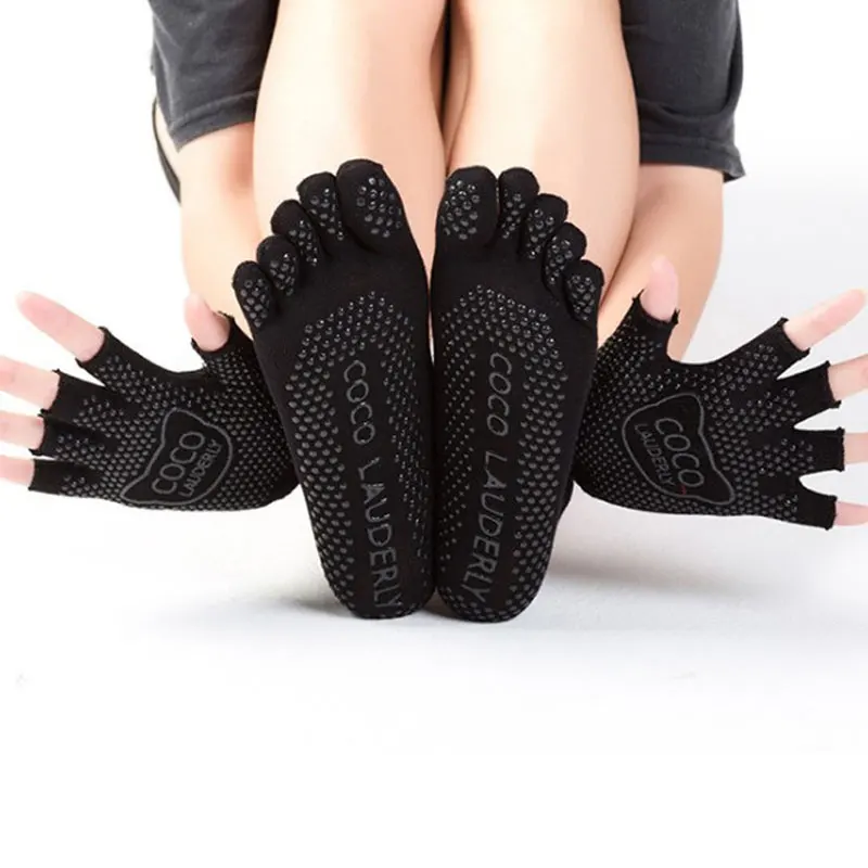 

Women Yoga Socks Gloves Set Half Toe Non Slip Ladies Massage Sport Socks Half-fingers Cotton Warm Exercise Running Hose