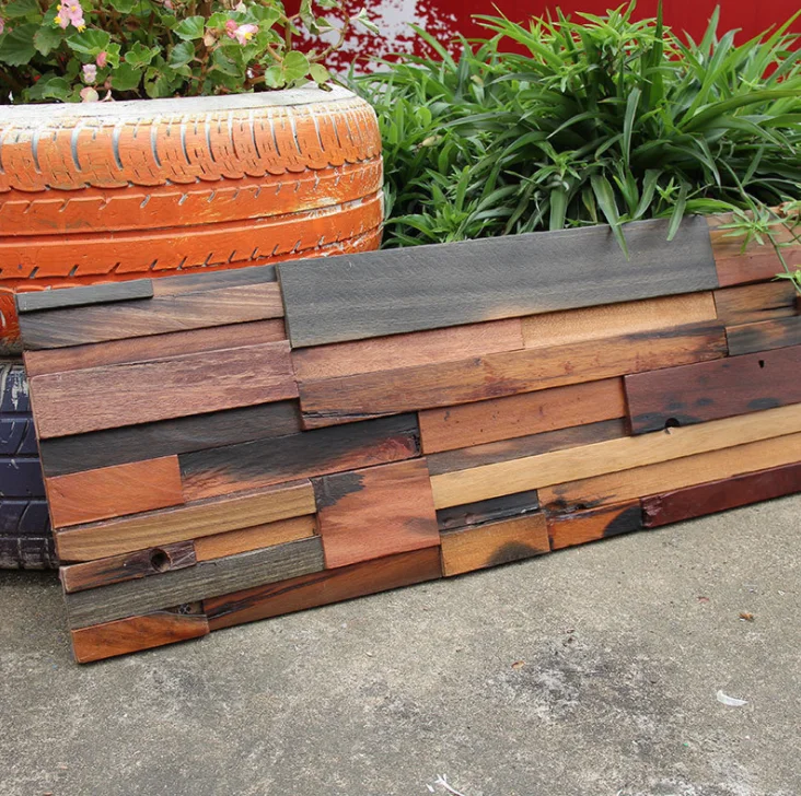 

4 PCS Brick Interlocking Ancient Boat Wood Wall Backsplash Tile 3D Solid Wooden Pattern Panel Mosaic DQ065