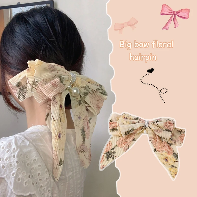 

Women Korean Fashion Big Bow Pearl Hairpin Hair Accessories Foral Printed Flower Hair Clips Hair Accessories