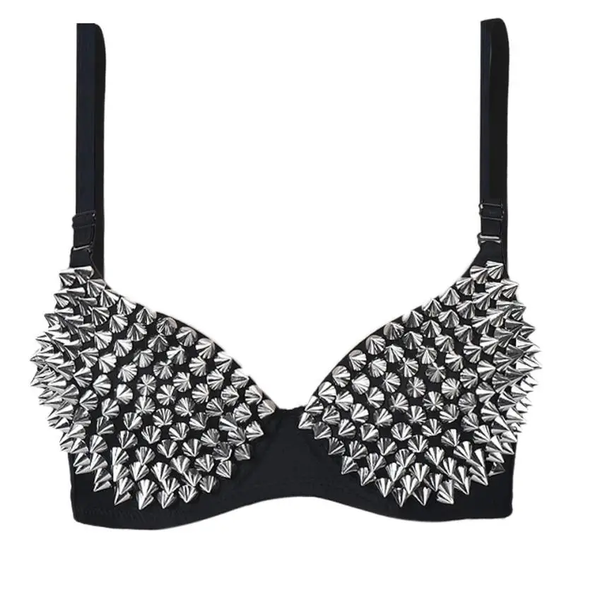 

Sexy Bras Women Party New All-over Spike Rivet Metallic Punk Dance Push Up Bra Nightclub Costumes Bras Bralette Encaje
