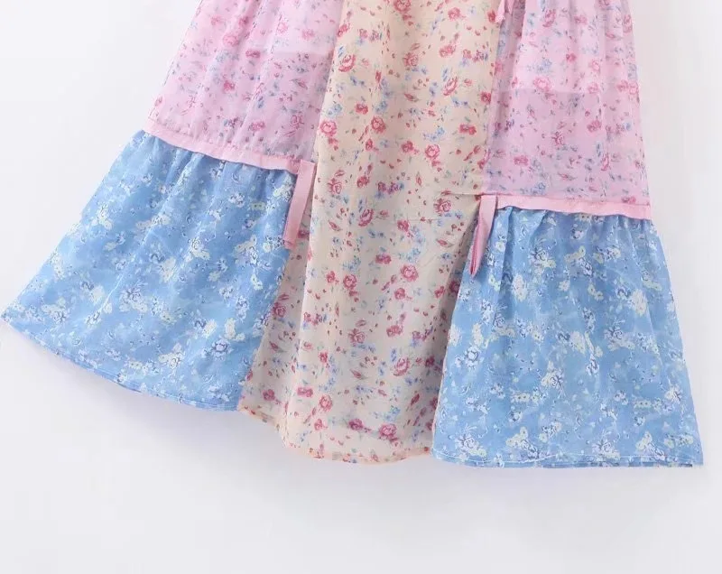 Bohemian Dress Women Color Matching Print Fairy Beach Maxi Dress Short Sleeve French Romantic Floral Holiday Elegant Long Dress
