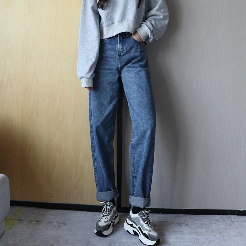 

Джинсы женские свободные, повседневные штаны, хлопковые прямые повседневные брюки в стиле бойфренда с высокой талией, со складками, весна-о...