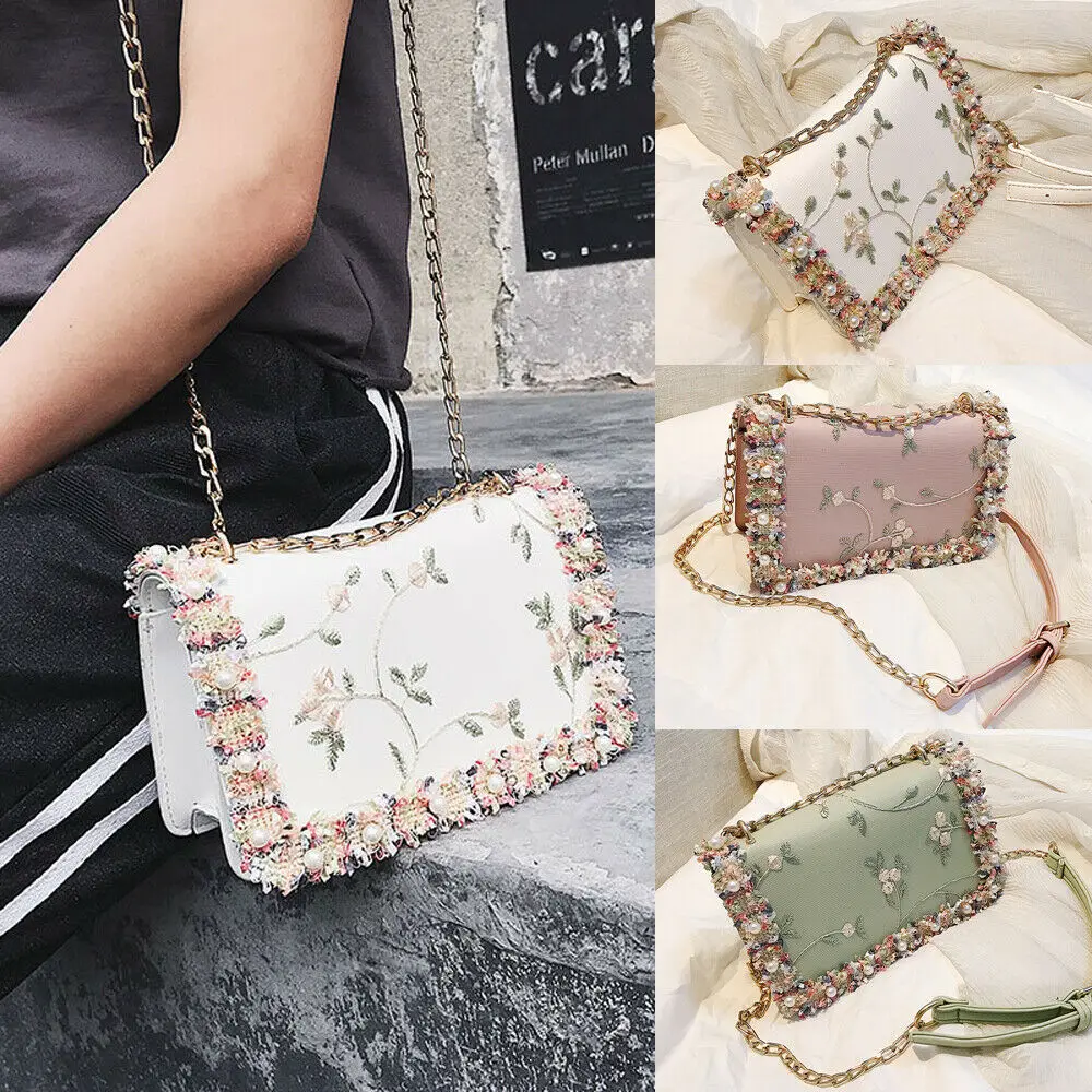 

Crochet Hand Embroidery Embroidered Pearl Casual Chain Crossbody Bag Women's Fashion Shoulder Bags