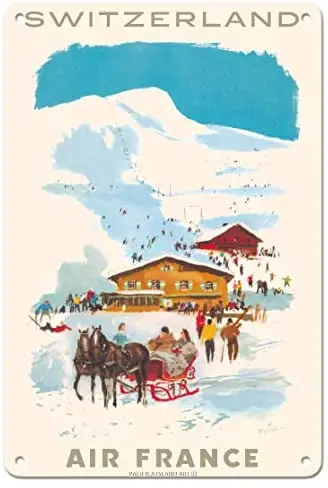 

Switzerland - Ski Lodge - France Airline by Georges Beuville c.1958 Metal Tin Sign