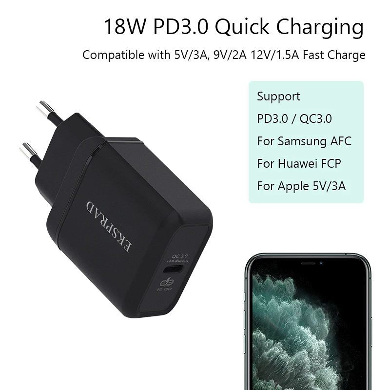 EKSPRAD для iPhone 11 Pro PD зарядное устройство 18 Вт USB C PD3.0 QC3.0 быстрое с кабелем ipad Phone