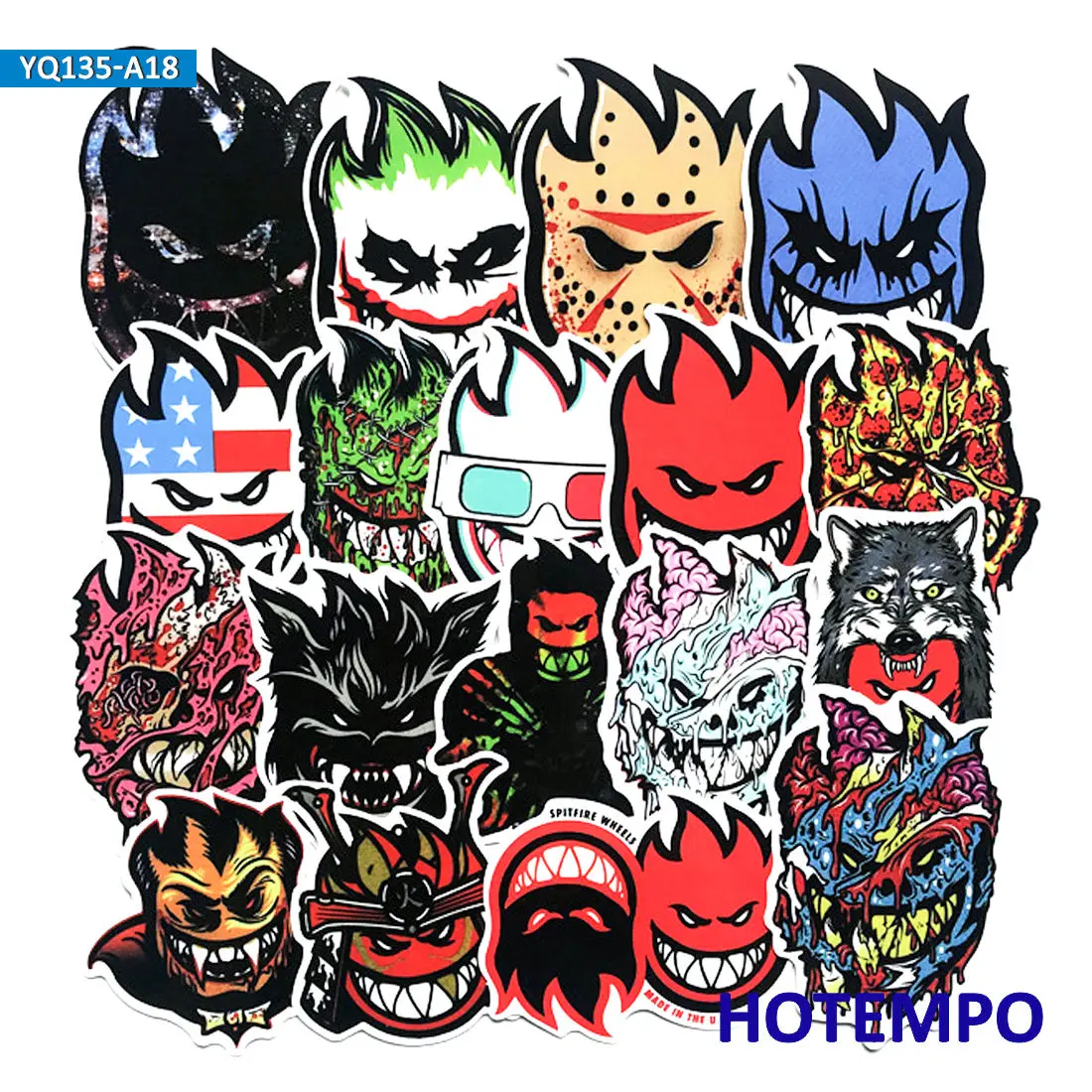 18pcs Funny Fire Spitfire Comics Art Skateboard Motorcycle Car Phone Laptop Stickers Pack for Luggage Guitar Bike Helmet Sticker