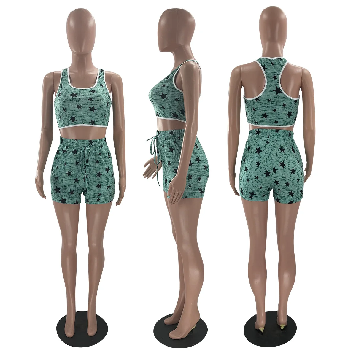 

Donsignet Summer New Fashion Pant Suits Sports Casual Print Sleeveless Slash Neck Tank Women's Suits