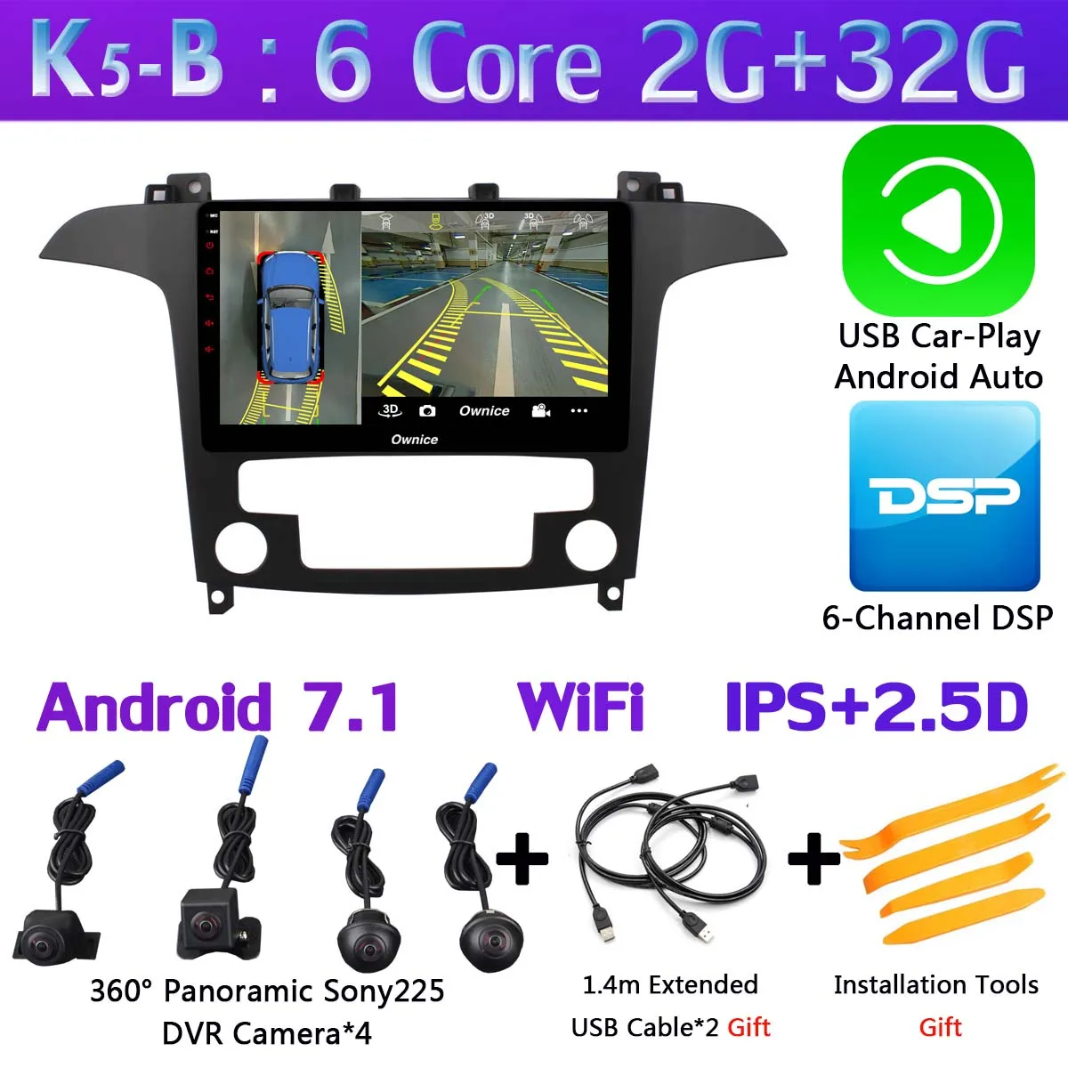 K5-B-CarPlay 360°Pano ram ic 4×камера 4G LTE 4 ГБ ОЗУ+ 32 ГБ Android 9,0 ips Автомагнитола для Ford S-Max S Max 2007 2008 gps Navi DSP CarPlay - Цвет: K5-B-CarPlay