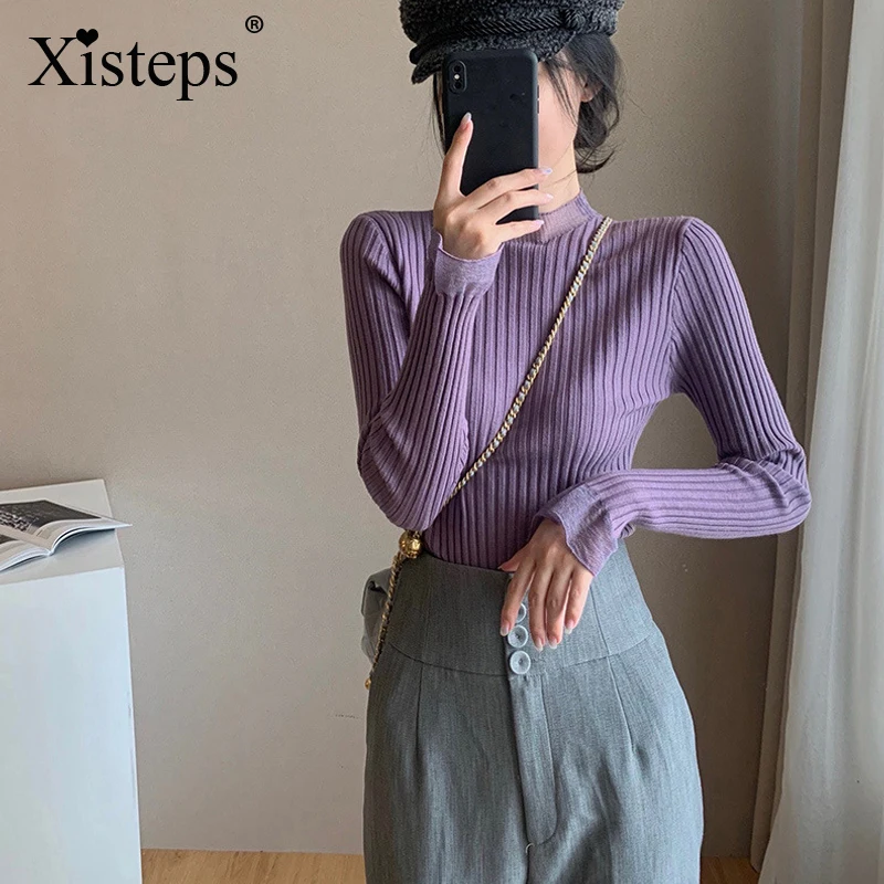 

Xisteps вязаные женские толстые пуловеры свитер из сетчатой пряжи пэчворк Сексуальная Водолазка Элегантный женский полосатый джемпер с раскл...