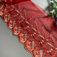 2ydslot 22cm leaf floral fluorescent red embroidery high quality lace trim for garments and wedding dress african lace fabric