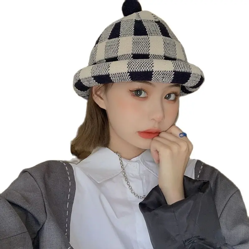 

Woolen Hat Women's Autumn and Winter Leisure Warmth All-match Knitted Basin Hat Korean Plaid Landlord Hat