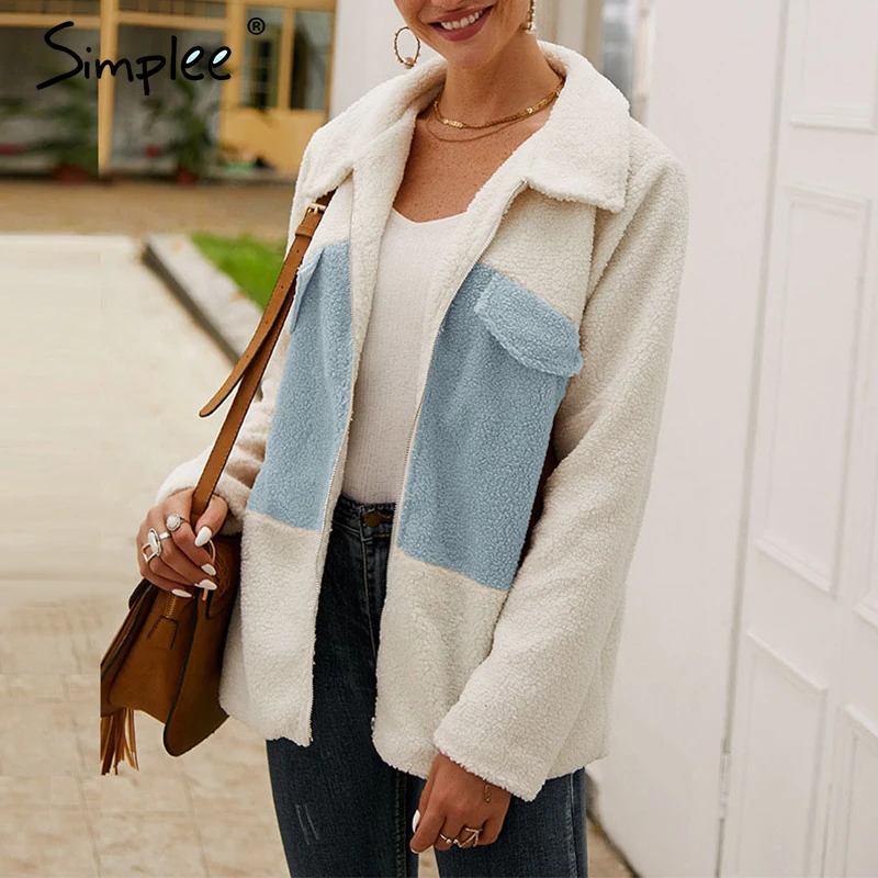 Simplee Повседневная Женская куртка из овечьего меха лоскутные карманы на молнии