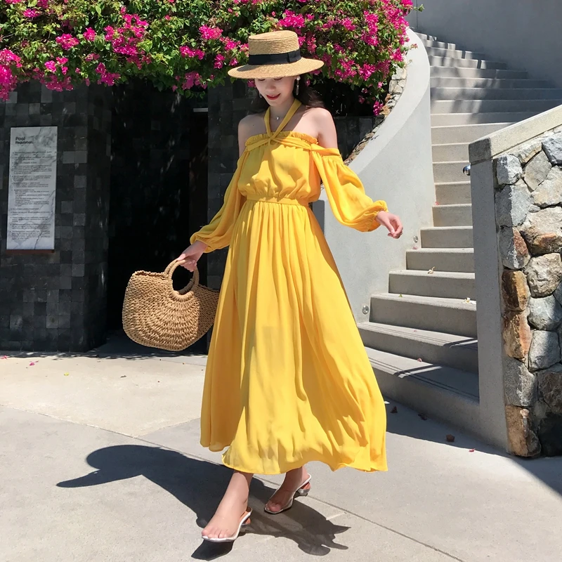 Женское длинное пляжное платье с лямкой на шее летнее Элегантное повседневное в