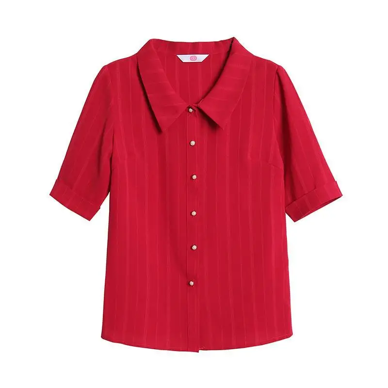 Women Spring Autumn Style Chiffon Blouses Shirt Casual Half Sleeve Turn-down Collar Striped Women's Loose Tops DF3555 |