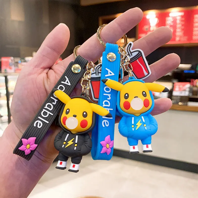 

Bandai Pokemon Cartoon Keychain Cute Blowing Bubble Key Chain Pikachu Creative Bag Key Pendant Hanging Drop Glue Doll Keyring
