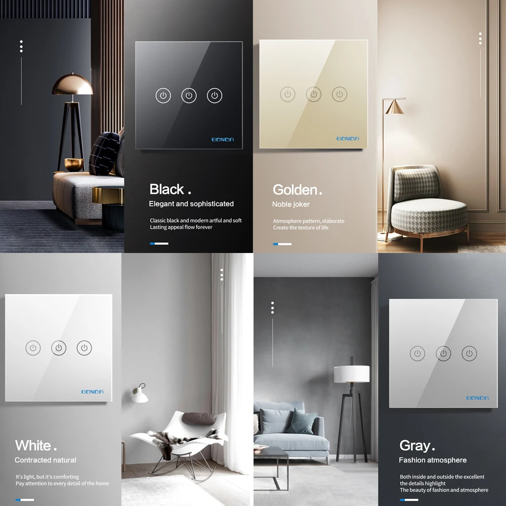 BONDA Sensor Switch Wall Touch Switches 220V Light Smart Home Crystal Glass Panel Waterproof Easy To Clean 4 Colors Available |
