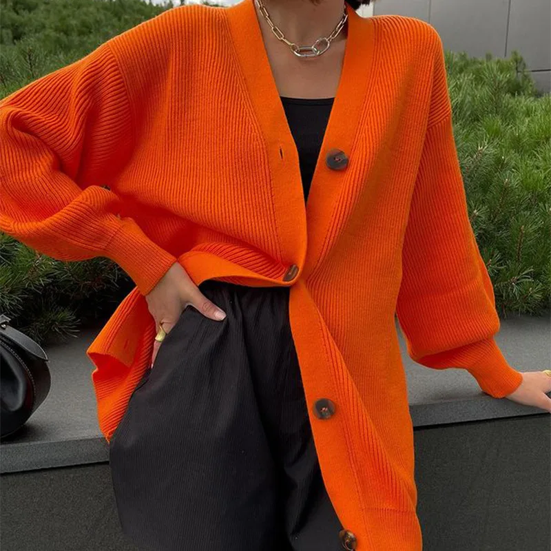 

2021 Autumn Winter Green Cardigan Oversized Women Long Sleeve Button Casual Loose Knitted Sweater Orange Cardigan Vintage