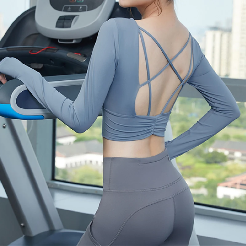 Women Summer Open Back Breathable Yoga Shirts Workout Long Sleeve Fitness Crop Top Gym Cross Back Sports Shirt With Chest Pad