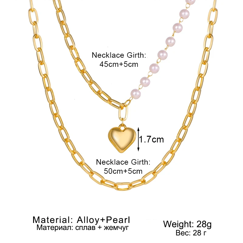 

FAMSHIN 2021 New Boho Heart Pendant Necklaces Pearls Chain Necklace For Women Punk Necklace For Gifts Female Asymmetry Jewelry