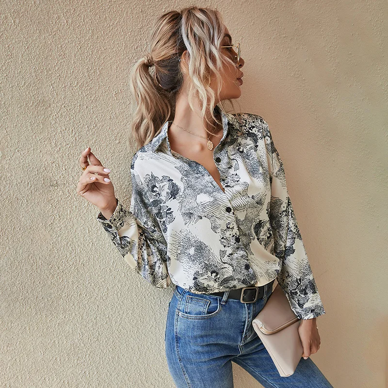 

Autumn Elegant Office Ladies Casual Shirts Turn-down Collar Chinese Style Printing Long Sleeve Straight Female Tops And Blouses