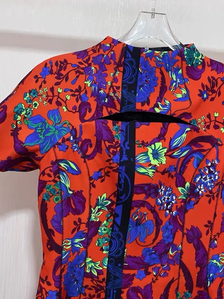 

Retro print sexy chest hollowed waist high waist A-line hip-wrapped dress ladies autumn new fashion temperament