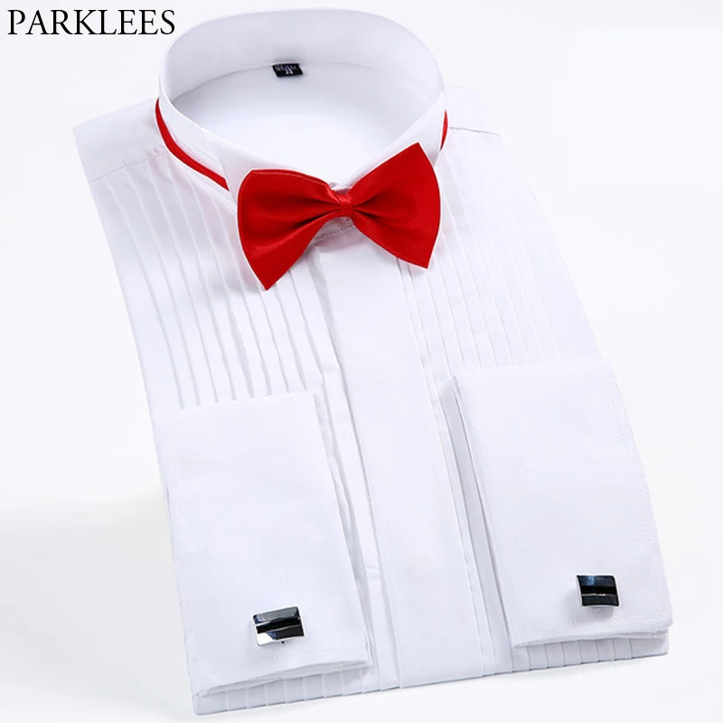 Мужская черная приталенная рубашка с французскими запонками длинным рукавом для