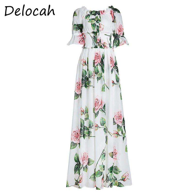 

Delocah женское летнее модное подиум макси платье в пол с рукавом до локтя и оборками Цветочный принт с эластичной резинкой на талии, праздничн...